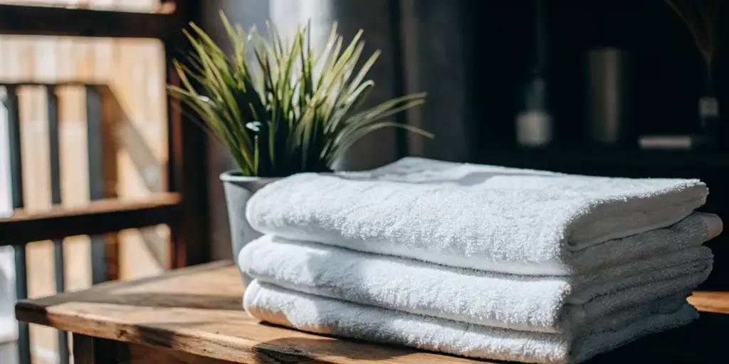 Fresh, clean white towels folded on a wooden table.