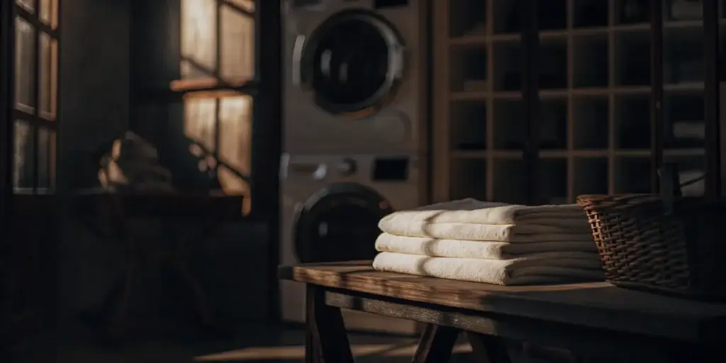 Folded laundry in a wicker basket.