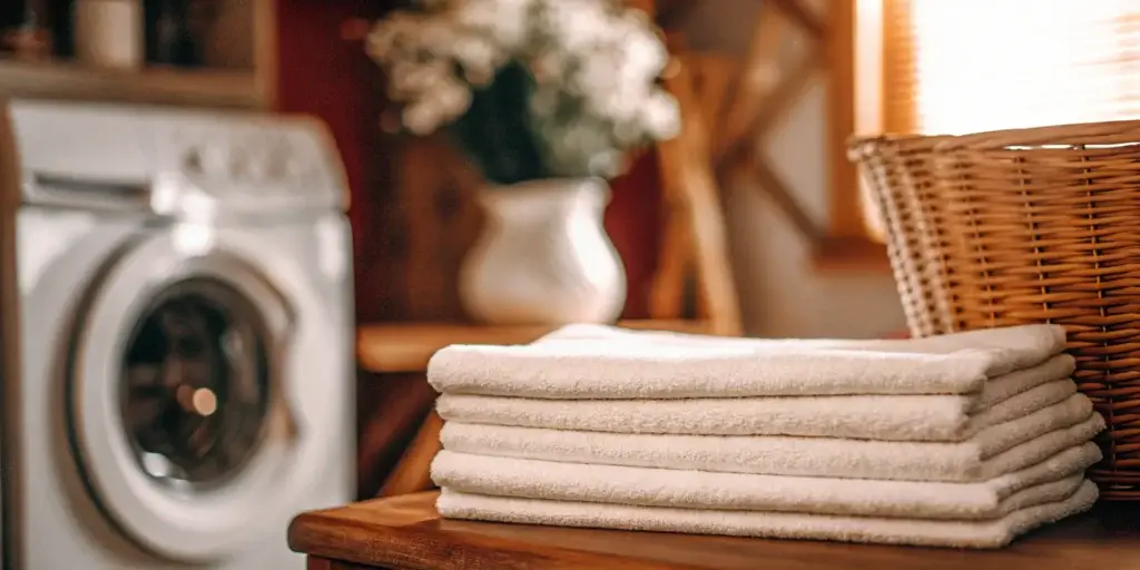 Folded laundry and washing machine.