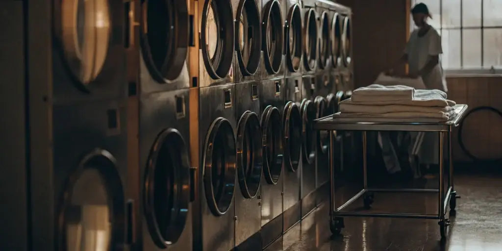 Clean, folded medical linens in a Herricks laundry facility.