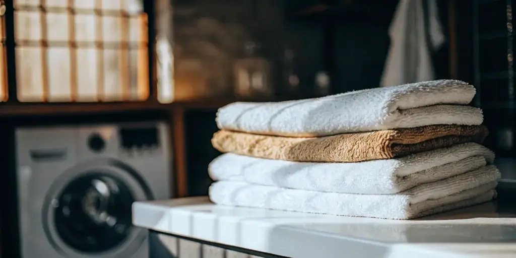Clean, folded towels. Melville laundry service.