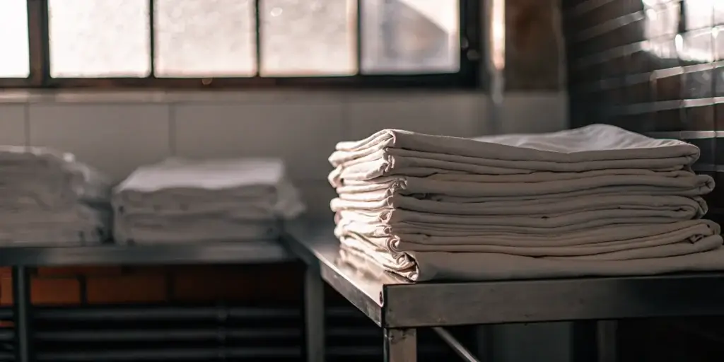 Clean healthcare linens folded on a table.