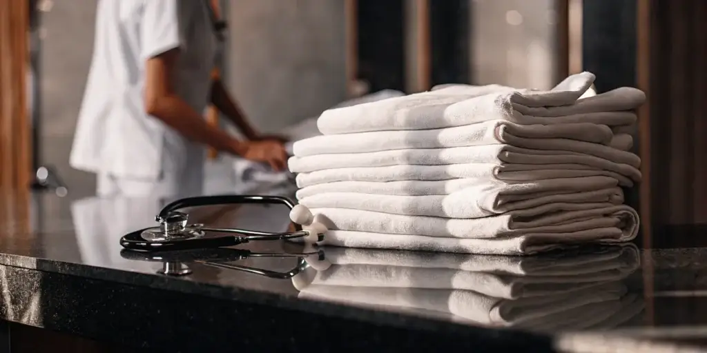 Clean, folded healthcare linens and a stethoscope.