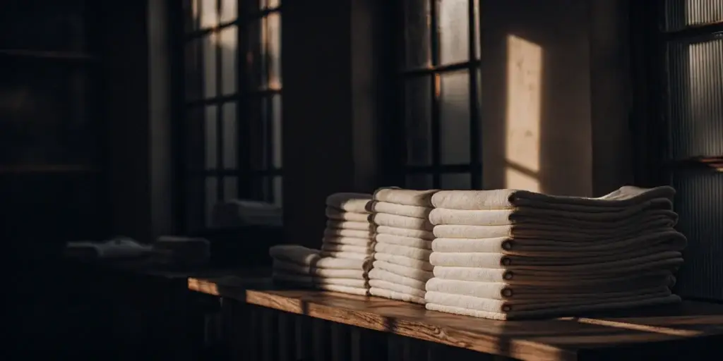 Clean healthcare linens folded and stacked.