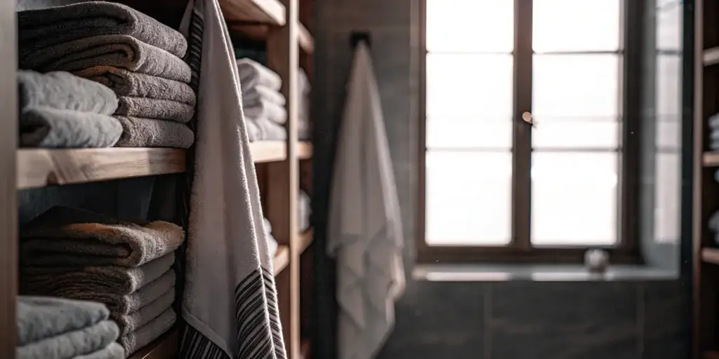 Clean, folded towels stacked on wooden shelves.
