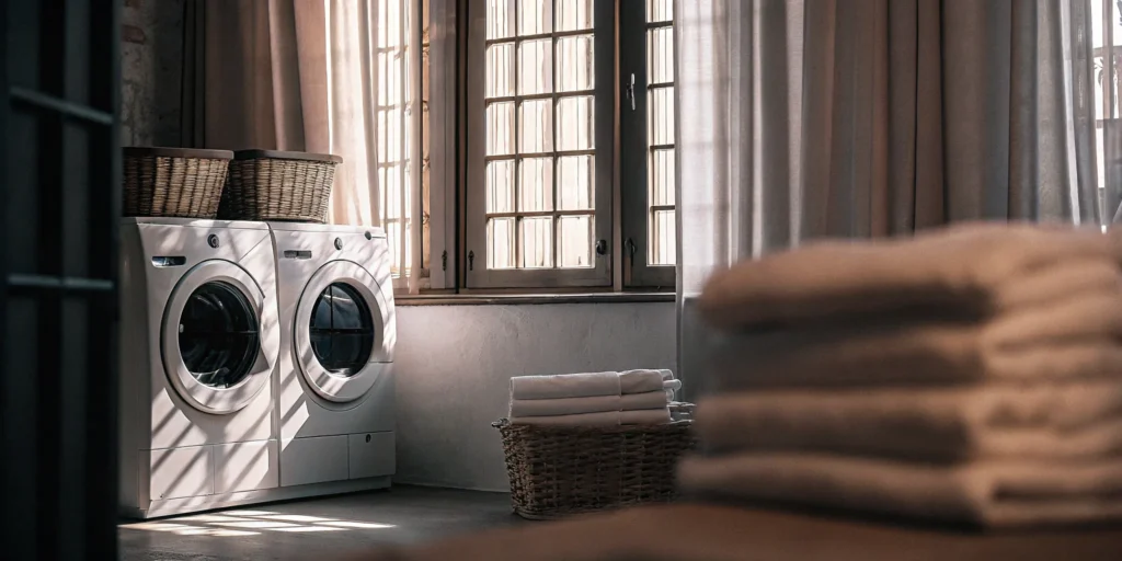 Clean, folded healthcare linens in wicker baskets.