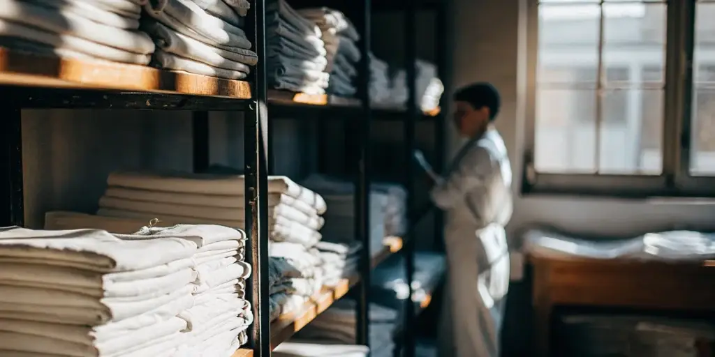 Clean healthcare linens folded on shelves in East Norwich.