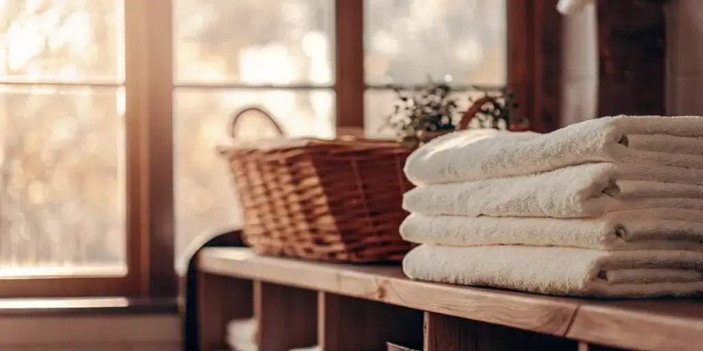 Clean towels folded in a wicker basket. Glen Head towel service.