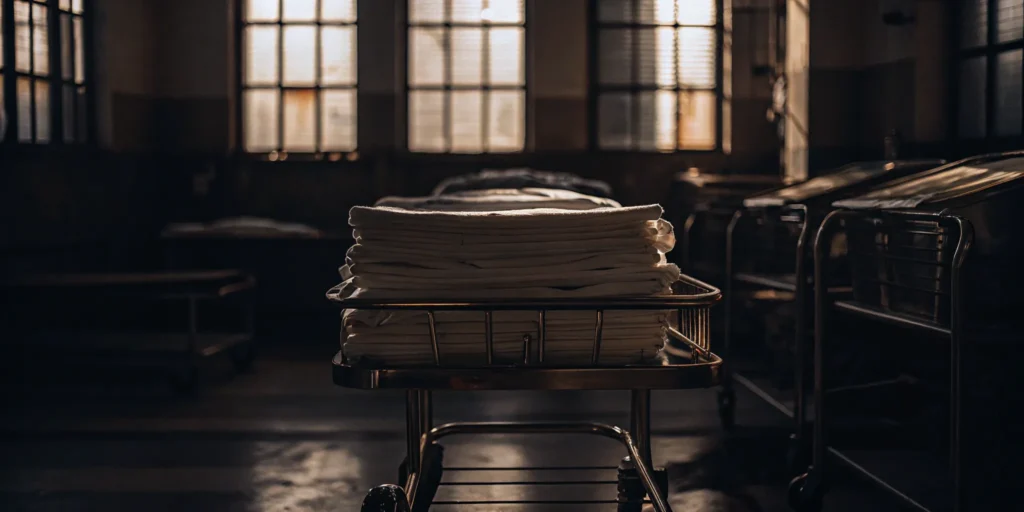 Clean, folded healthcare linens on cart. Hauppauge.