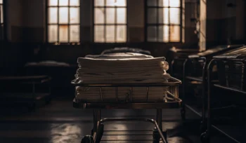 Clean, folded healthcare linens on cart. Hauppauge.