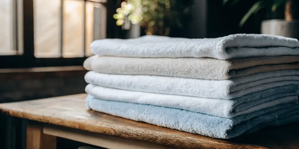 Clean towels folded on table. Glenwood Landing laundry service.