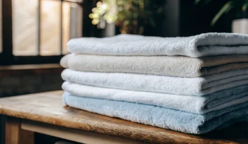 Clean towels folded on table. Glenwood Landing laundry service.