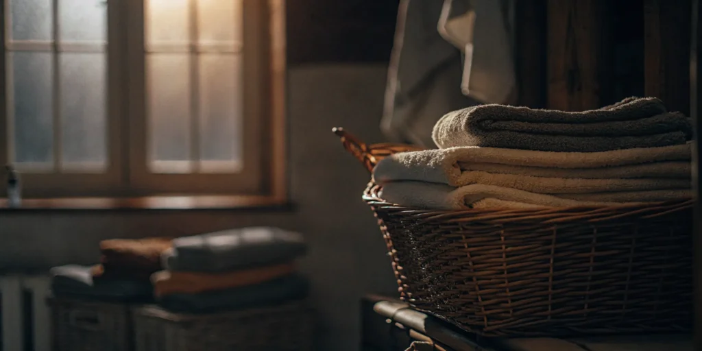 Fresh, clean towels in a laundry basket.