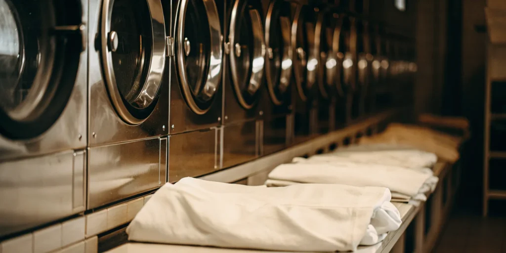 Clean, folded linens in industrial laundry facility. East Williston medical laundry.