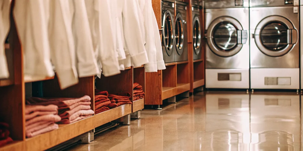 Clean, folded linens in a medical laundry facility in Woodbury.