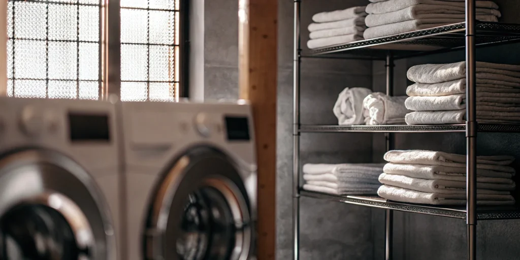 Clean towels stacked in Plainview laundry service.