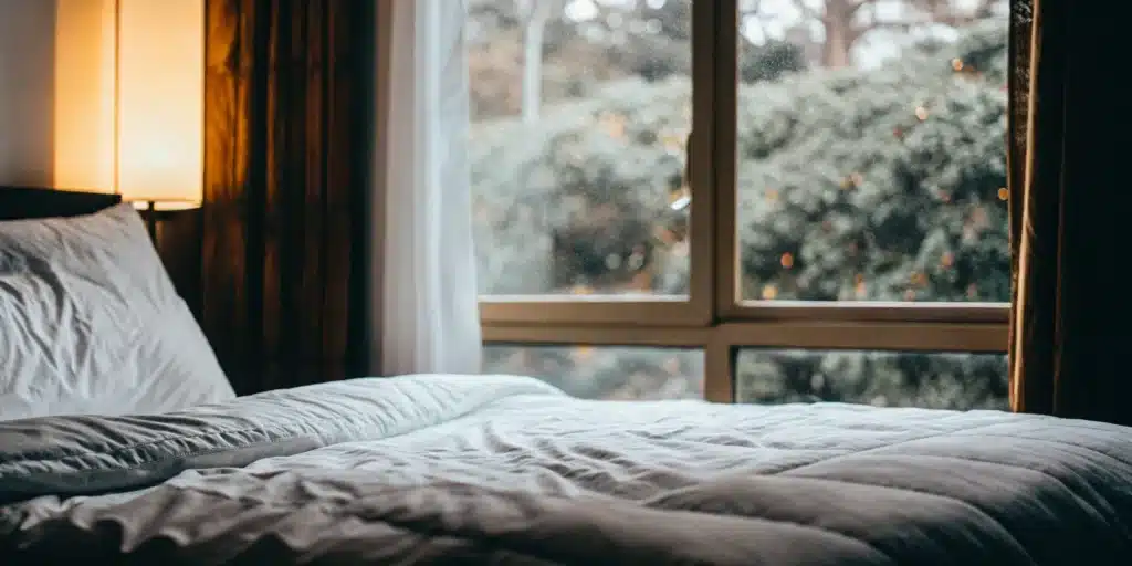 Clean comforter on a bed.