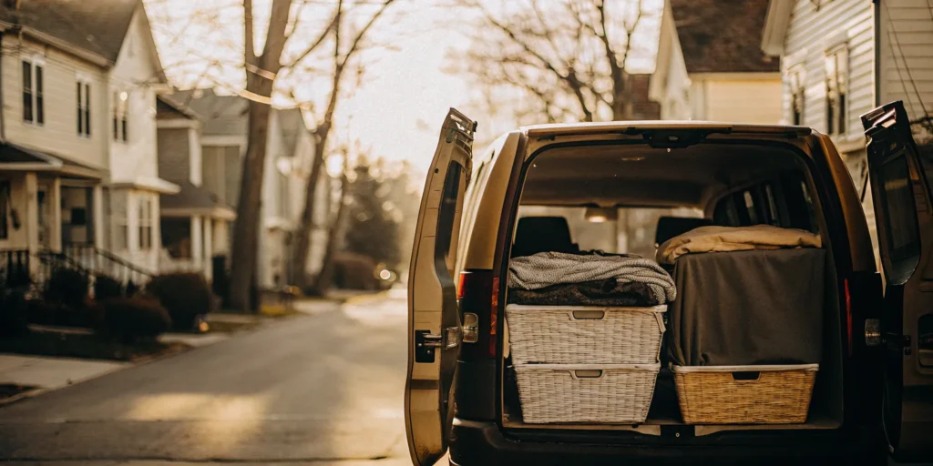Laundry pickup and delivery van in Glen Head.
