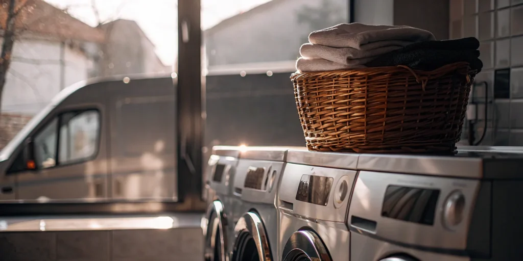 Clean laundry basket in Syosset laundry facility.
