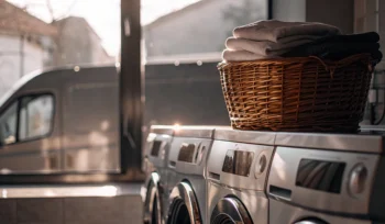 Clean laundry basket in Syosset laundry facility.