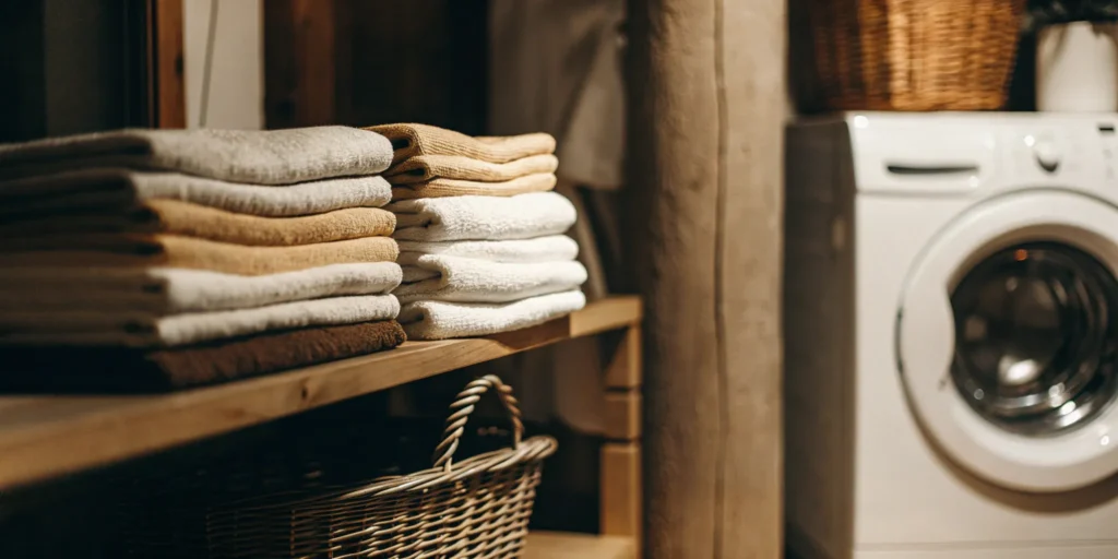 Clean, folded towels in a Babylon laundry service.