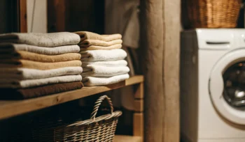 Clean, folded towels in a Babylon laundry service.