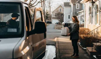 Woman receiving laundry delivery from a service van at her home in Bayville.