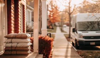 Laundry delivery bags on a porch in Oyster Bay Cove.