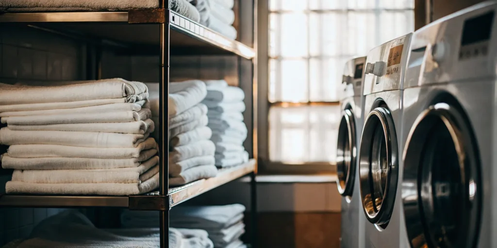 Clean healthcare linens folded and stacked in a Babylon facility.
