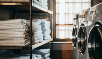 Clean healthcare linens folded and stacked in a Babylon facility.