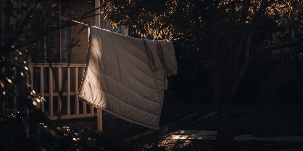 Freshly cleaned comforter hanging outside to dry after professional cleaning in Bayville.