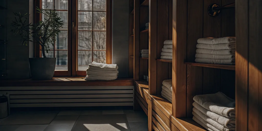 Neatly folded towels from a Bay Shore towel laundry service.