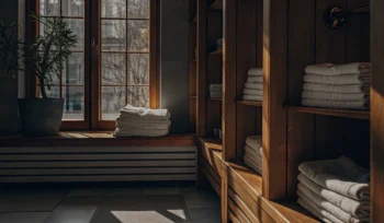 Neatly folded towels from a Bay Shore towel laundry service.