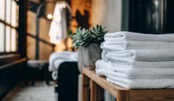 Fresh, folded towels from a commercial towel laundry service in Oyster Bay.