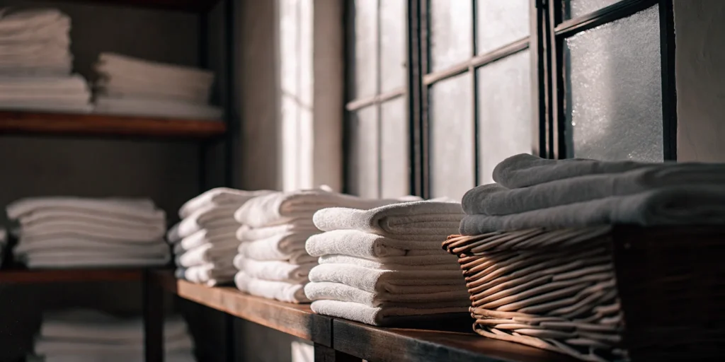 Sanitized healthcare linen folded and stacked for a medical provider in Oyster Bay.