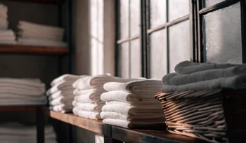 Sanitized healthcare linen folded and stacked for a medical provider in Oyster Bay.