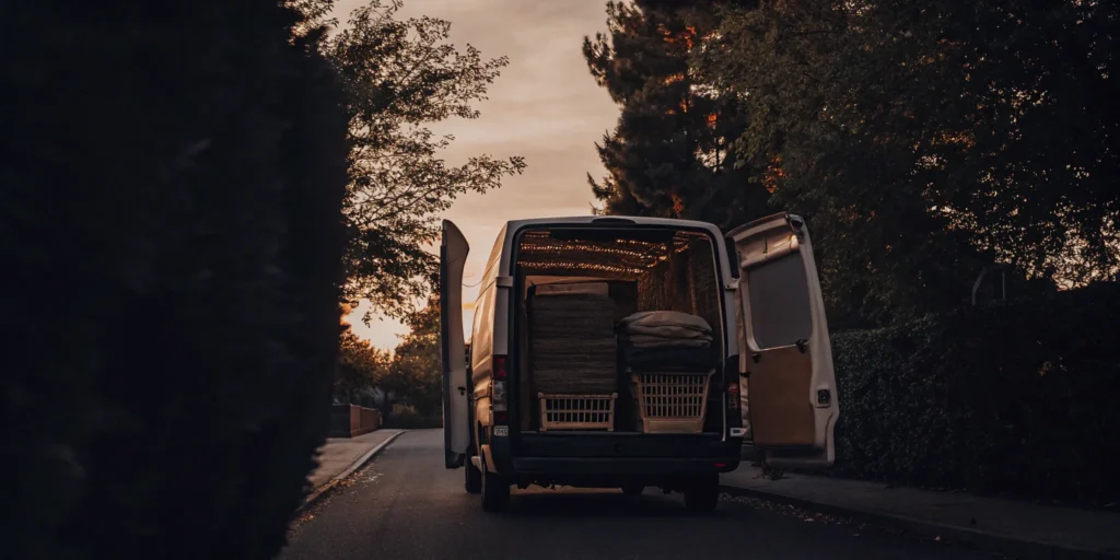 Oyster Bay Cove laundry pickup van delivering baskets of freshly washed clothes.