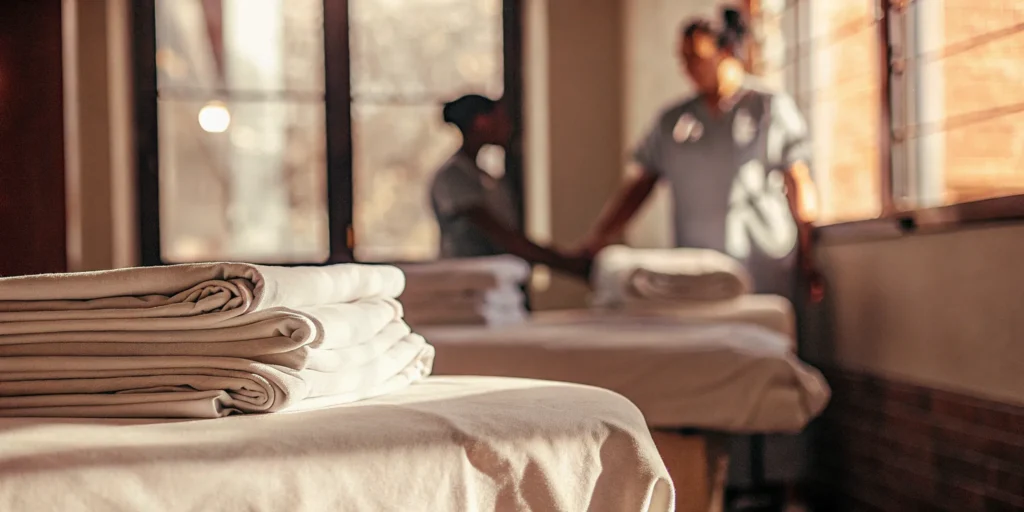 Quality healthcare linen folded on a patient bed in a Bayville medical facility.