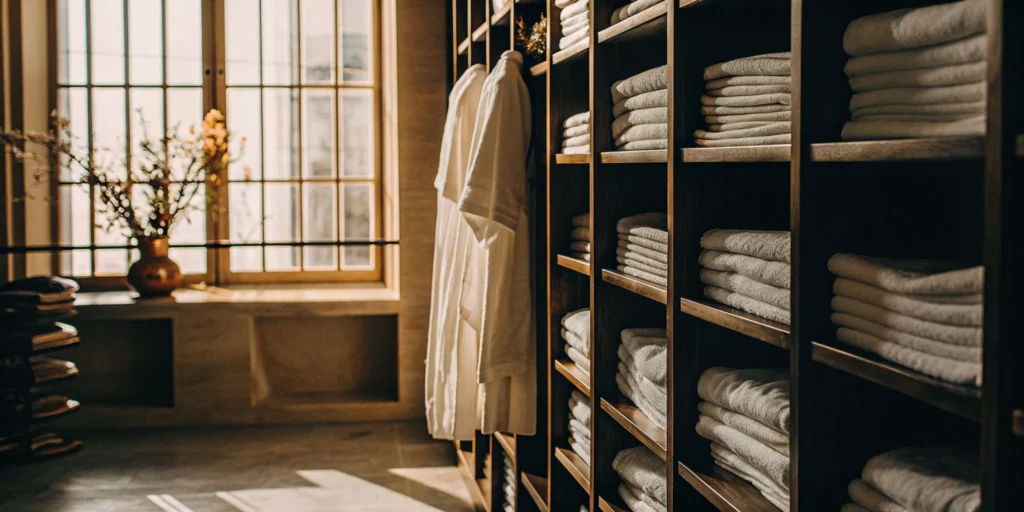 Neatly folded healthcare linen stored for patient safety in Oyster Bay Cove.