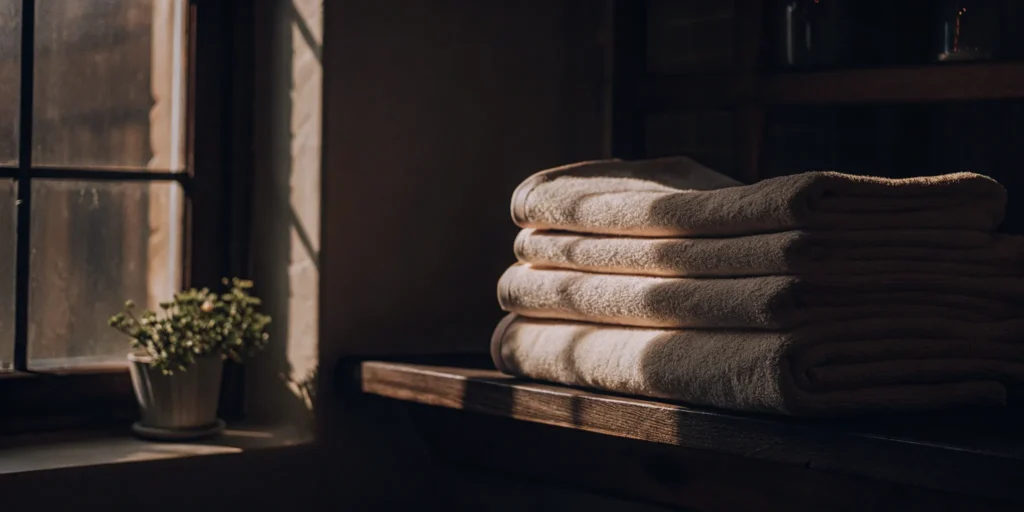 A stack of clean towels from a professional towel laundry service in Bellmore.