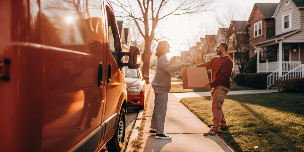 Customer hands a laundry bag to a driver for a laundry pickup service in Bellmore.