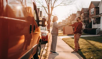 Customer hands a laundry bag to a driver for a laundry pickup service in Bellmore.