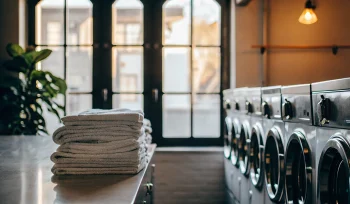 Folded linens and washing machines at the best commercial laundry service in Plainview.