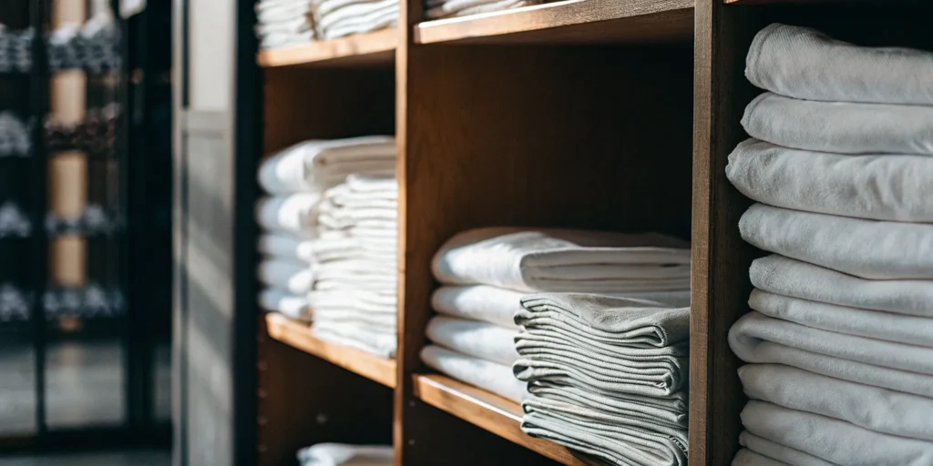 Shelves of professionally cleaned healthcare linen for a medical facility in Bellmore.