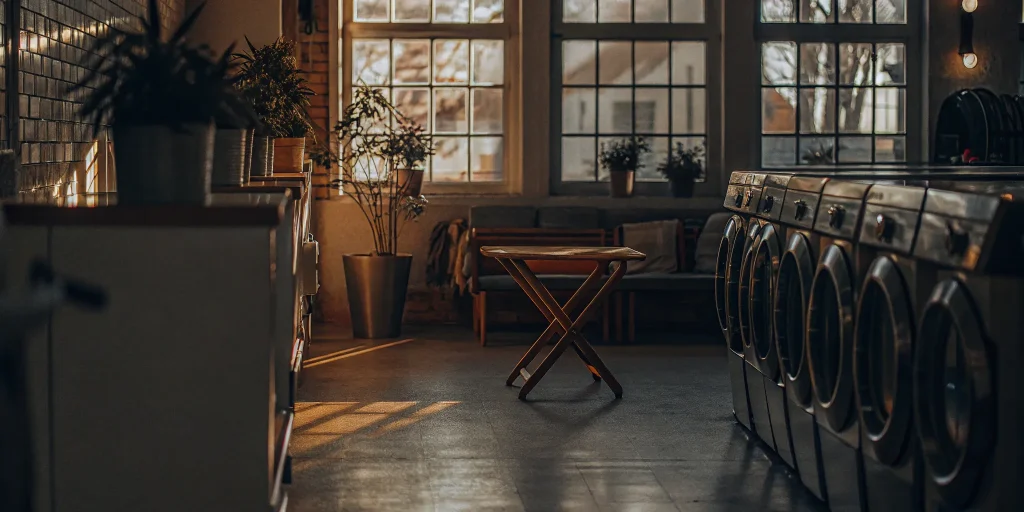 A clean, modern interior of one of the best laundromats in Roslyn with rows of washing machines.