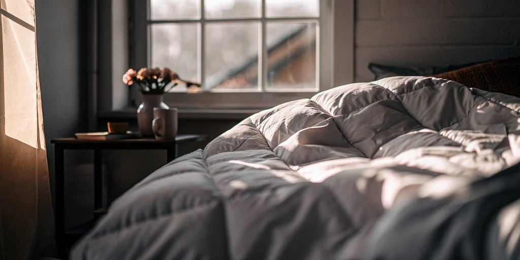 A freshly cleaned comforter on a bed from a professional cleaning service in Commack.