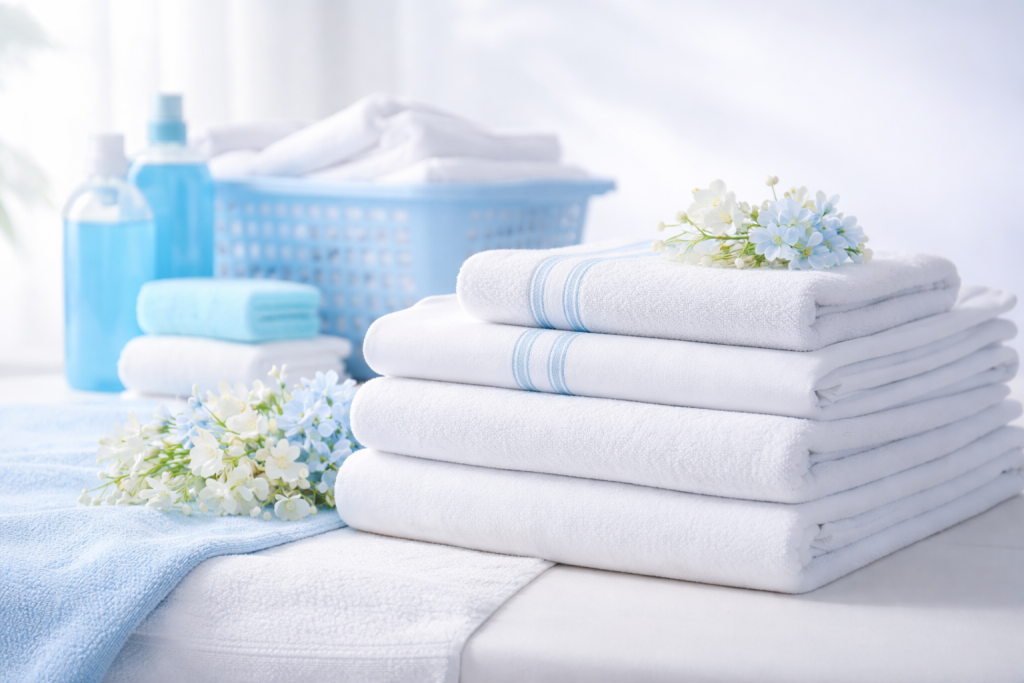 Freshly folded white sheets and towels in Long Island Laundry Company’s signature blue tones, showcasing professional linen cleaning service in Albertson, NY with premium hospitality-quality care and free pickup & delivery.