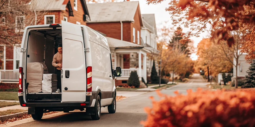 Laundry delivery service driver unloading bags from a van on a street in Upper Brookville.