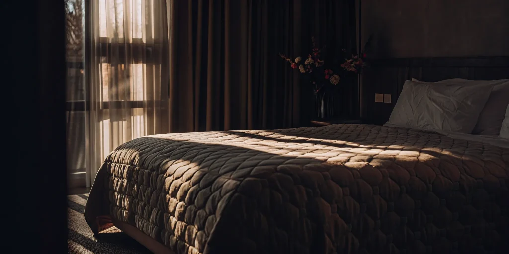 A professionally cleaned comforter on a cozy bed in a sunlit Carle Place bedroom.