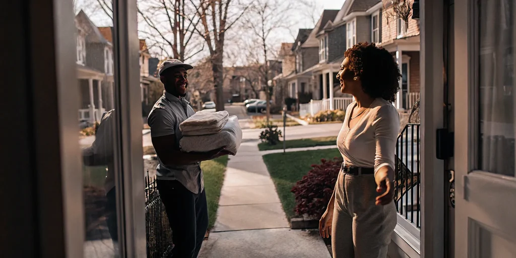 Laundry pickup service delivering clean, folded laundry to a home in Centre Island.